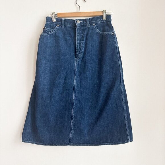 Vintage LEE Dark Denim A Line Midi Skirt S - Picture 2 of 5